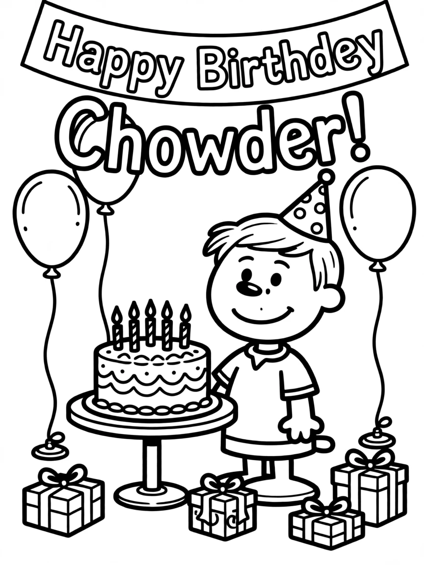 Chowder celebrating a birthday, with big bold outlines for easy coloring.