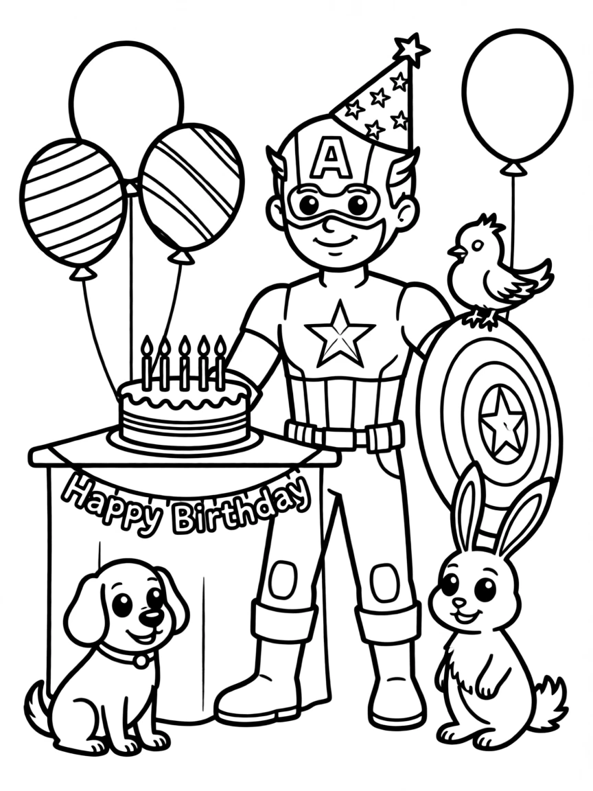 Captain America celebrating a birthday, surrounded by friendly animals.