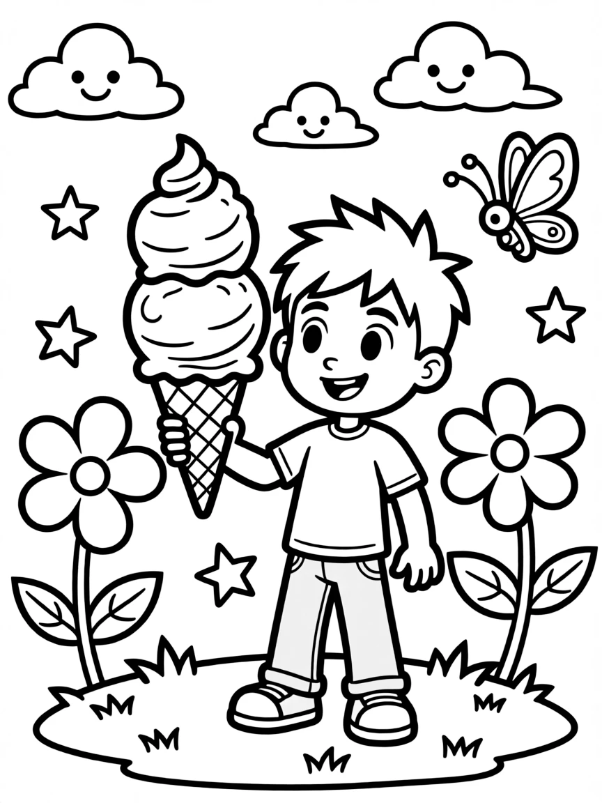 Ben 10 enjoying an ice cream cone, with fun background elements.