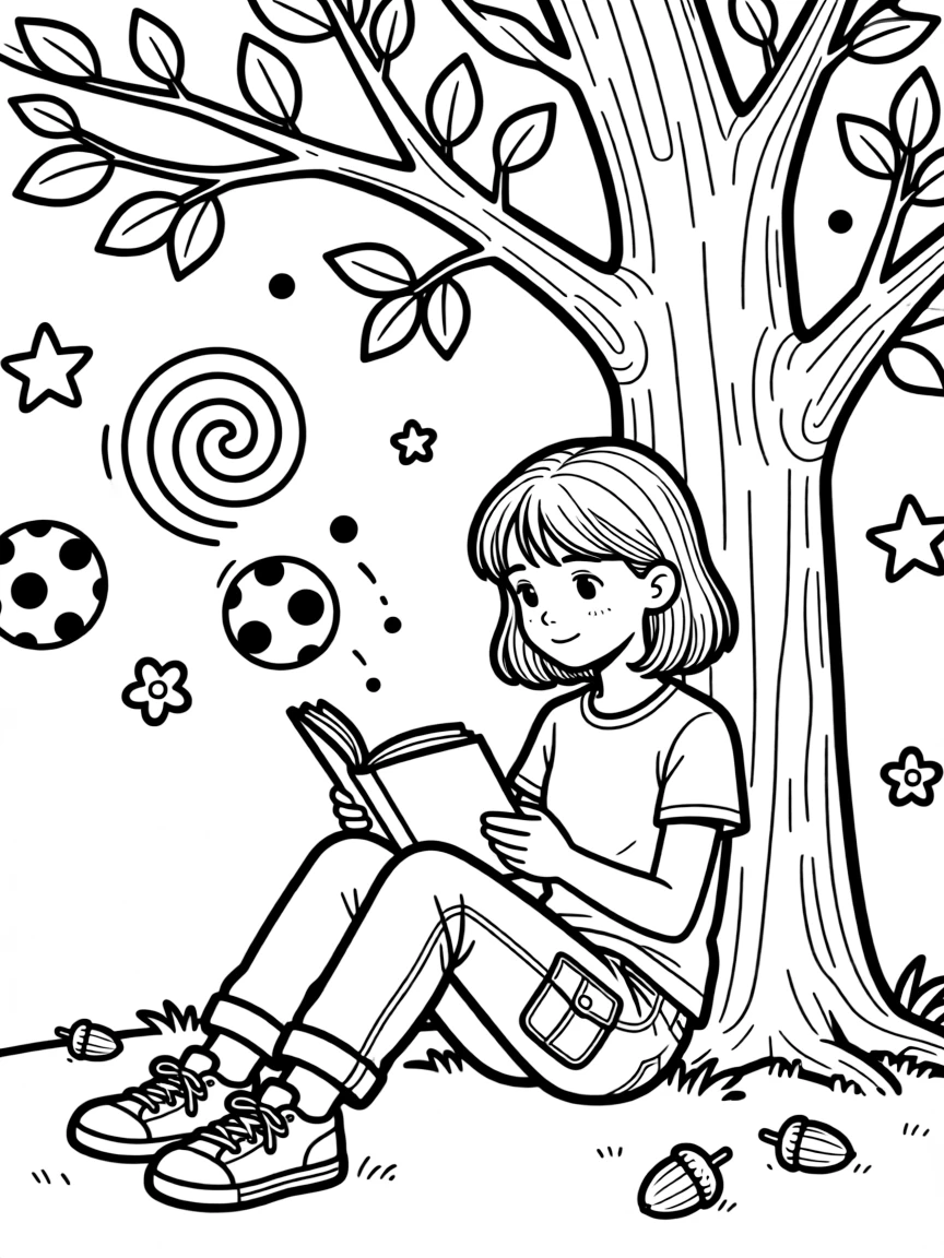 Kim Possible reading a book under a tree, with playful patterns around.