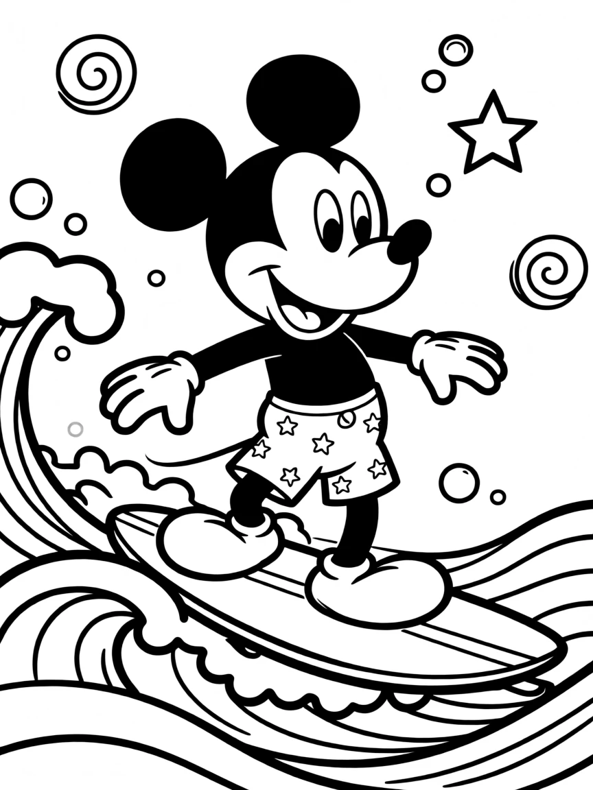 Mickey Mouse surfing on waves, with playful patterns around.