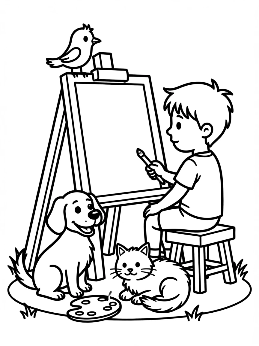 Diego painting a picture, surrounded by friendly animals.