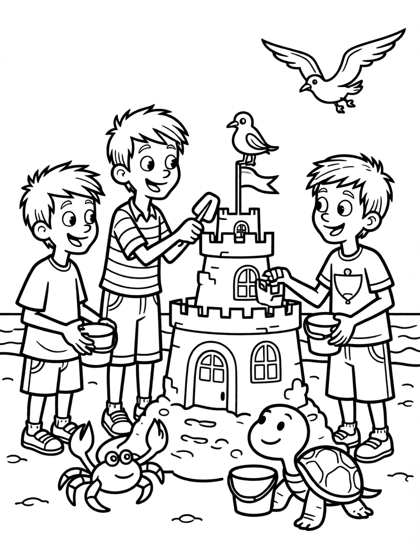 Ed, Edd n Eddy building a sandcastle, surrounded by friendly animals.
