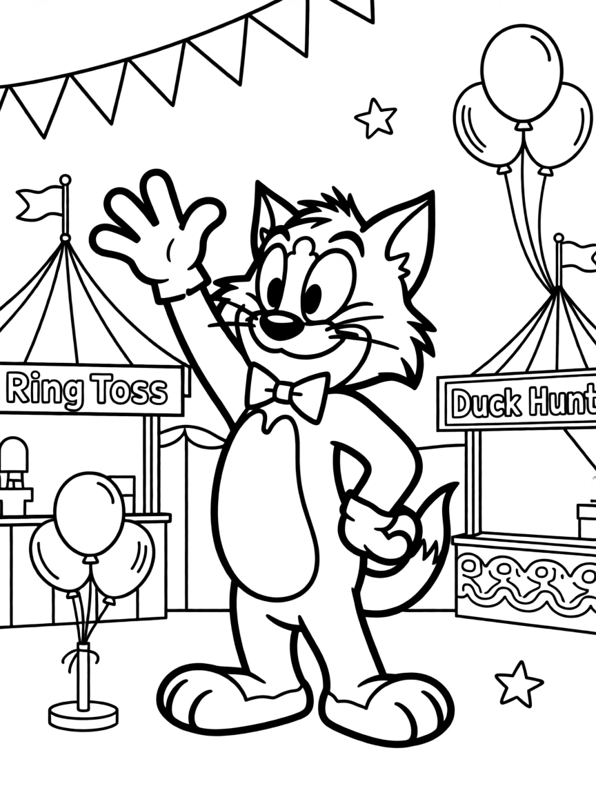 Sylvester waving hello, at a carnival with colorful decorations.