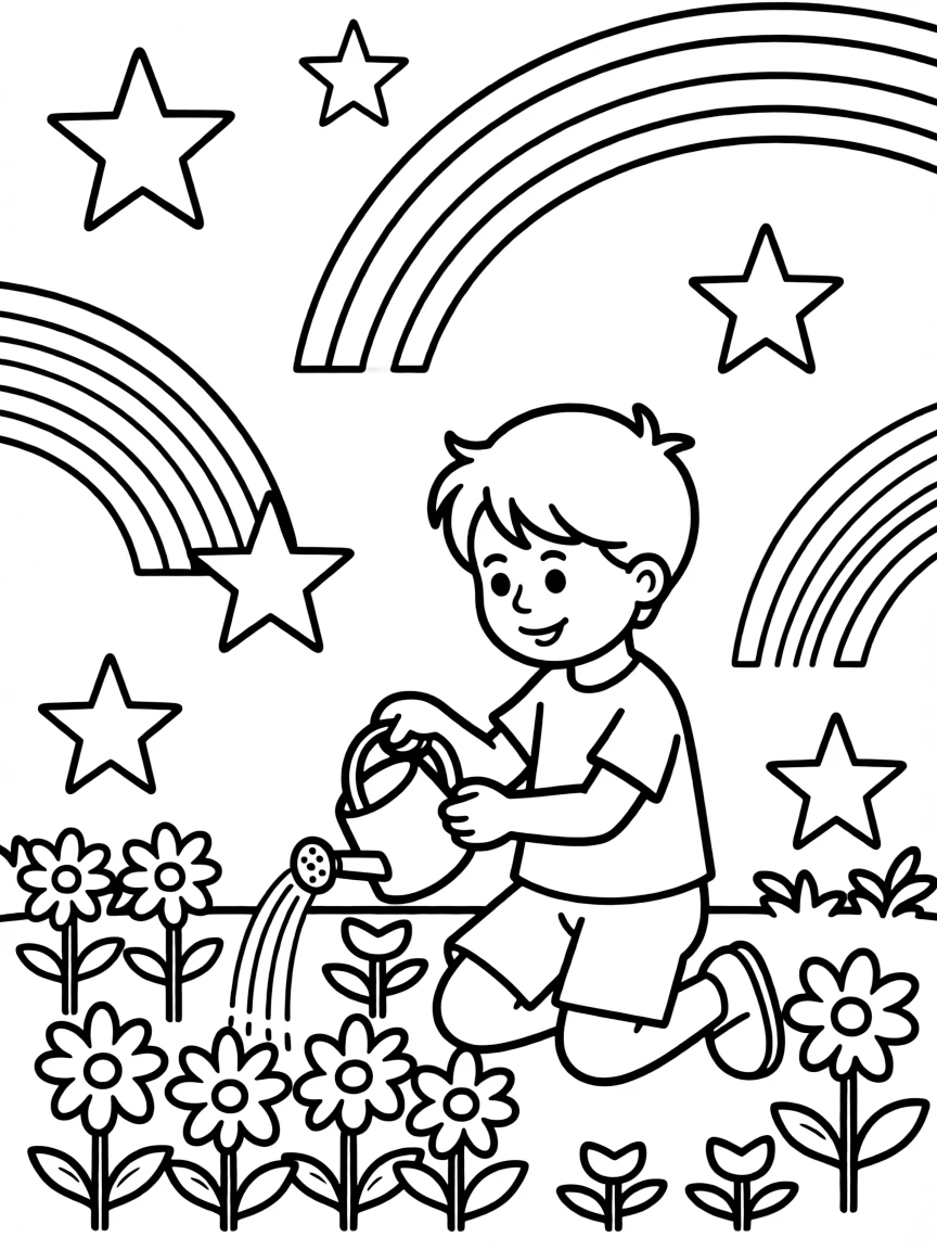 Fred gardening, with stars and rainbows in the background.