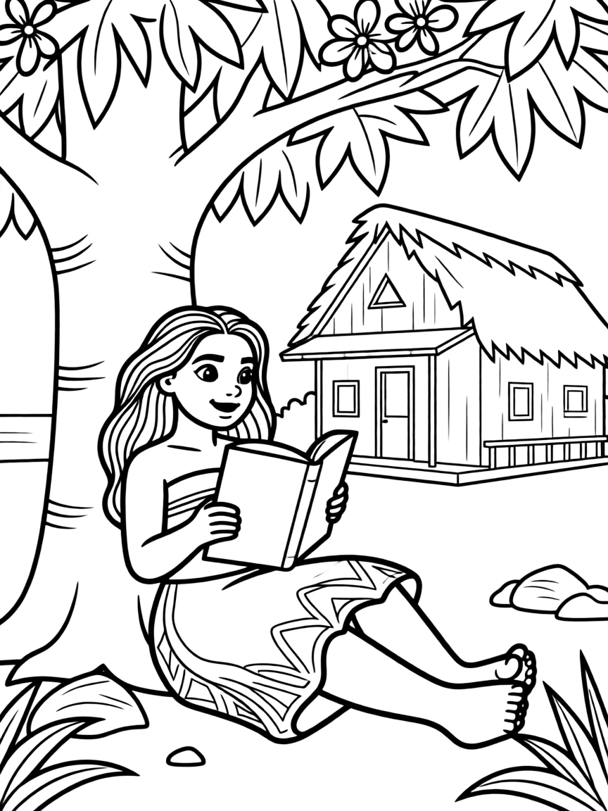 Moana reading a book under a tree, in front of their famous house or scene.