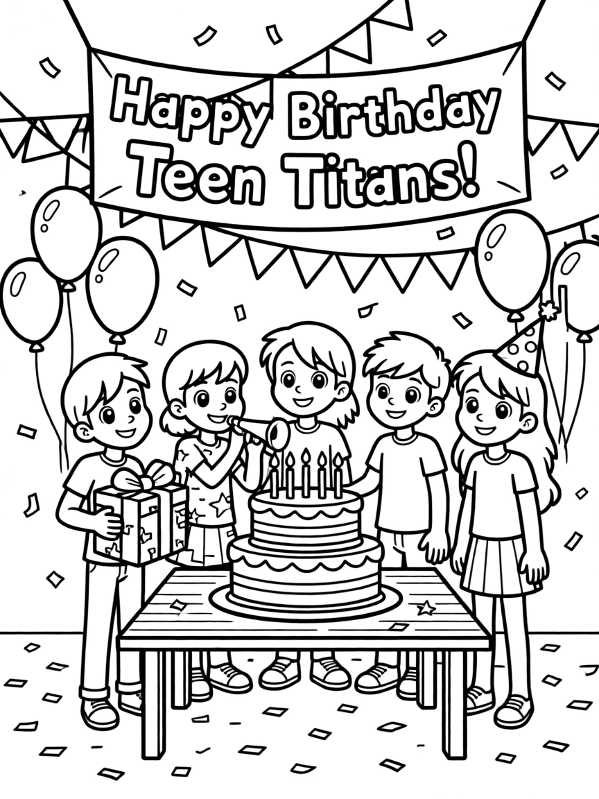 Teen Titans celebrating a birthday, with fun background elements.