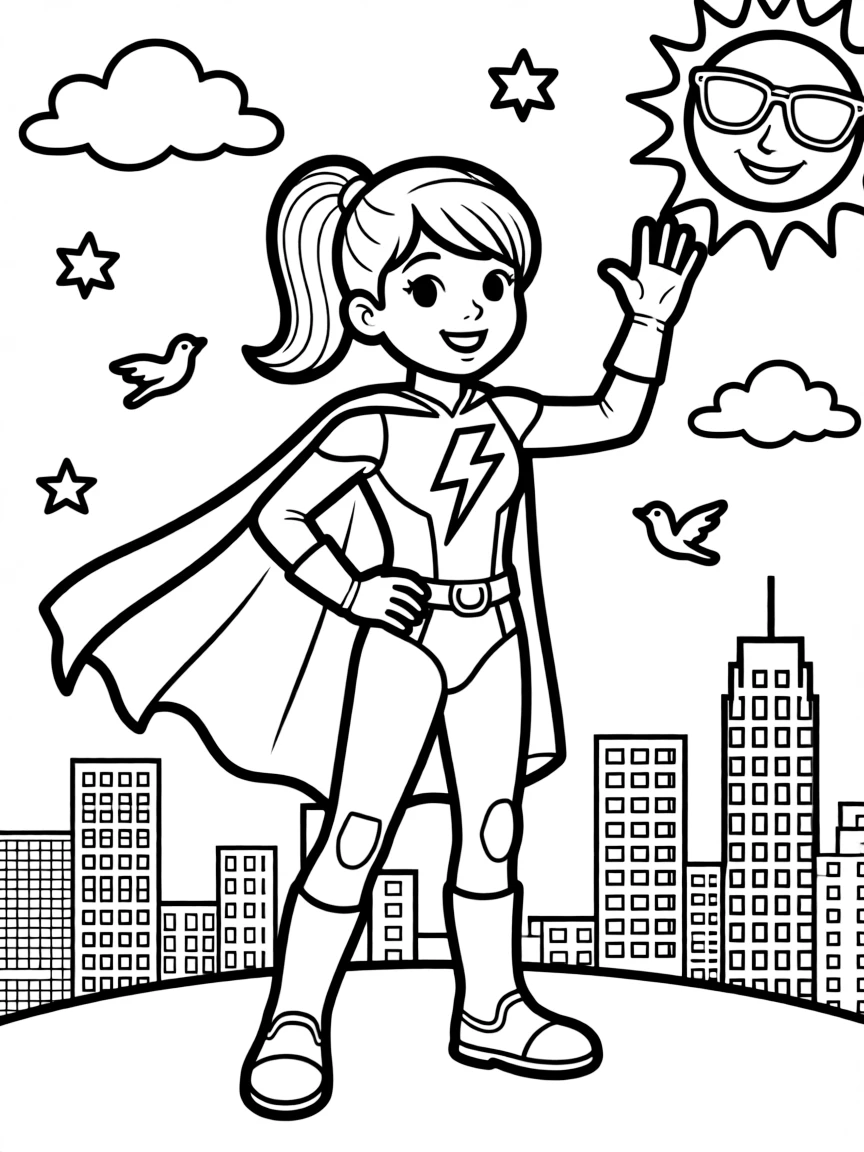 Daphne wearing a superhero costume, with fun background elements.
