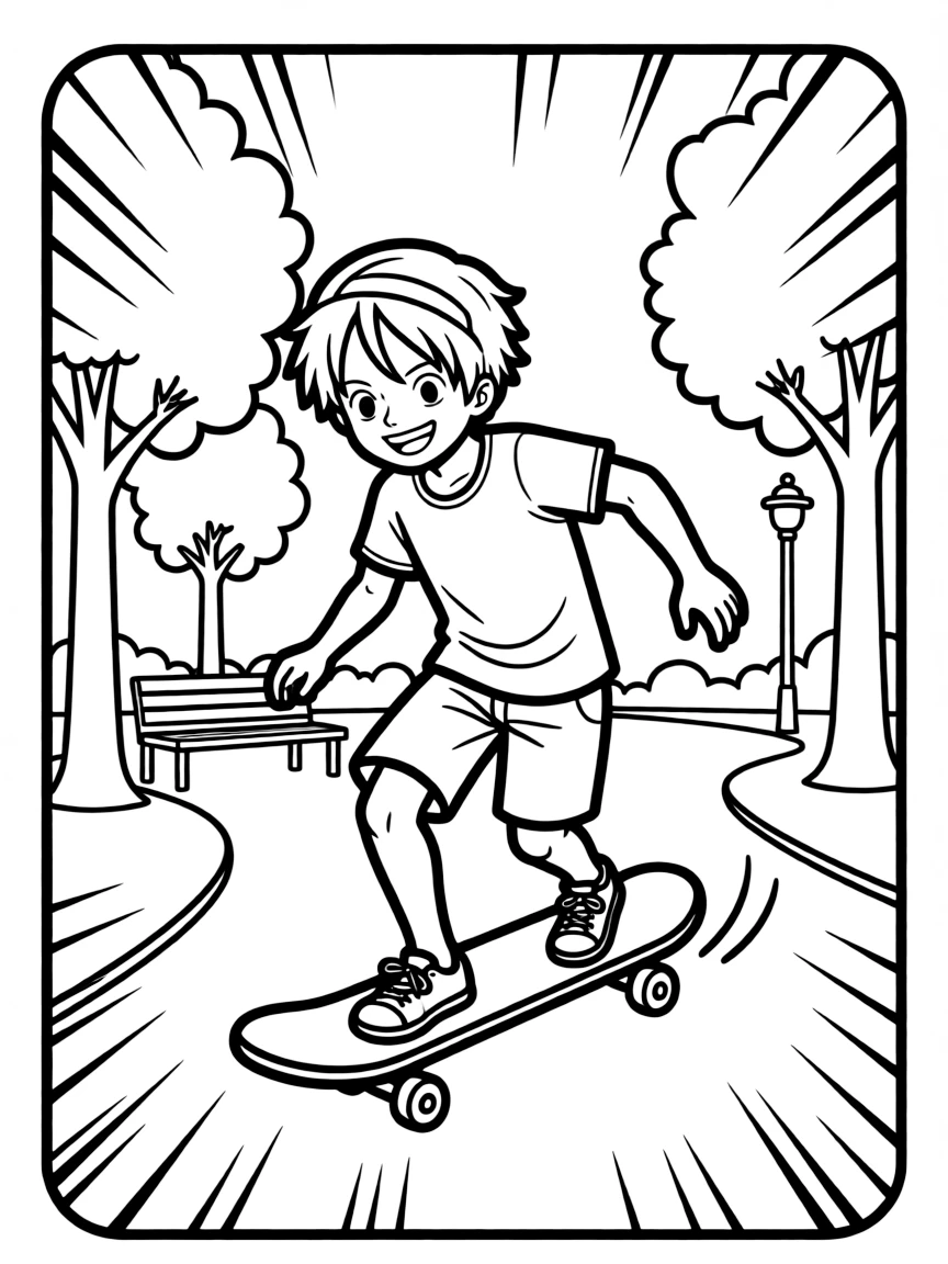 Zoro skateboarding in the park, inside a comic book frame.