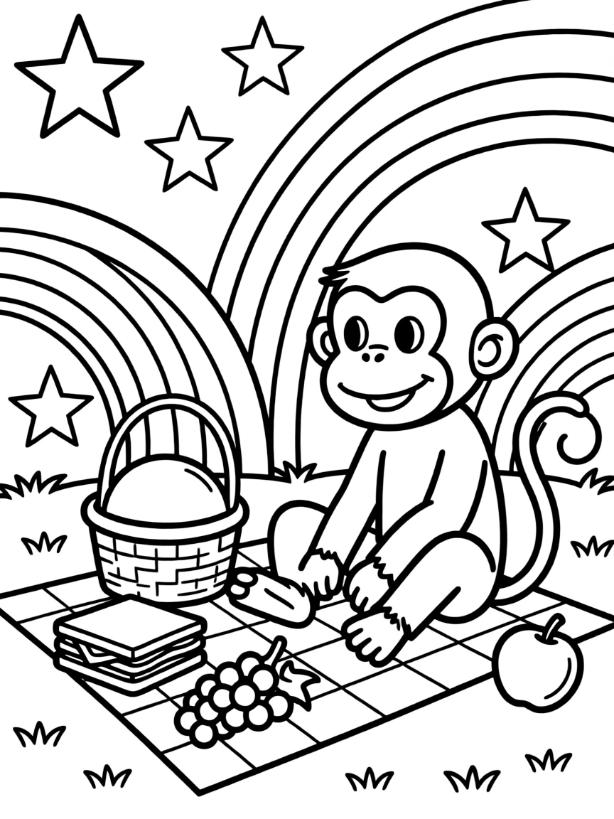 Curious George having a picnic, with stars and rainbows in the background.