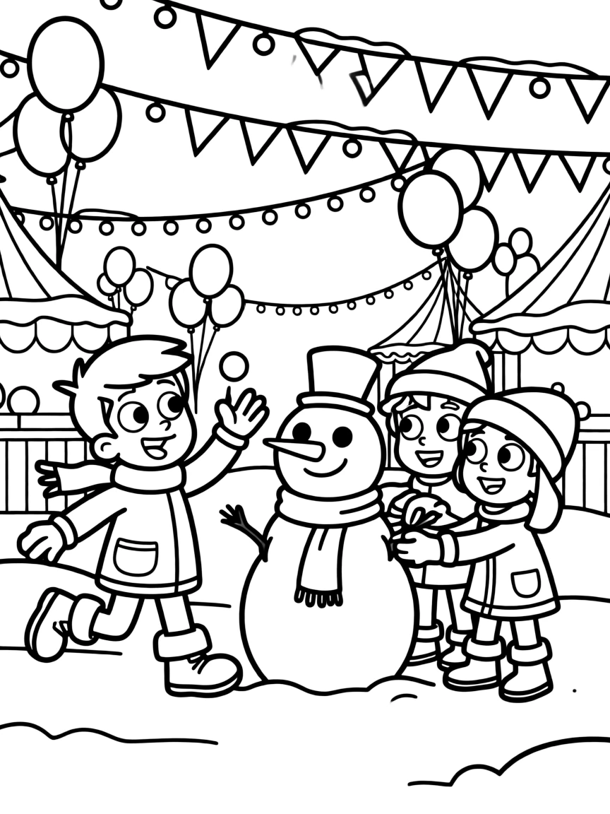 Fairly OddParents playing in the snow, at a carnival with colorful decorations.