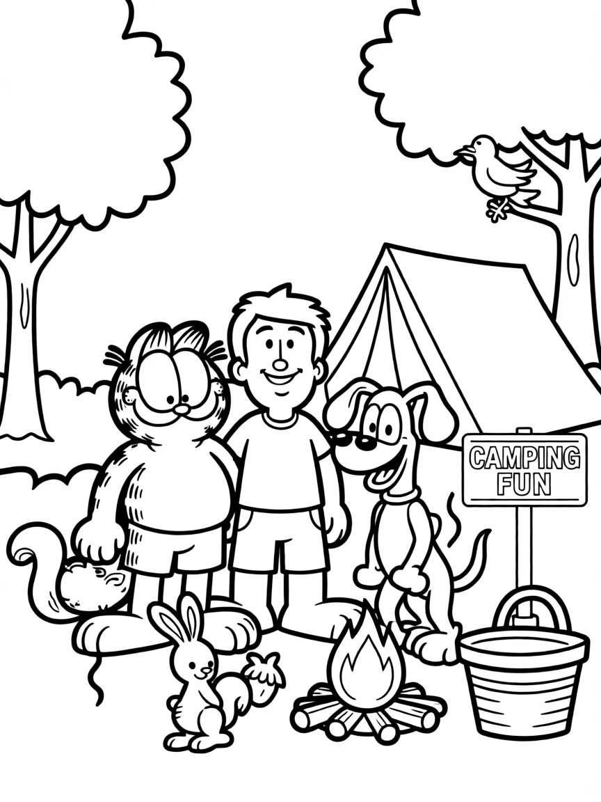 Garfield camping with friends, surrounded by friendly animals.
