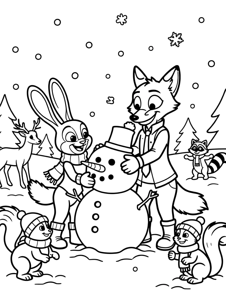Zootopia playing in the snow, surrounded by friendly animals.