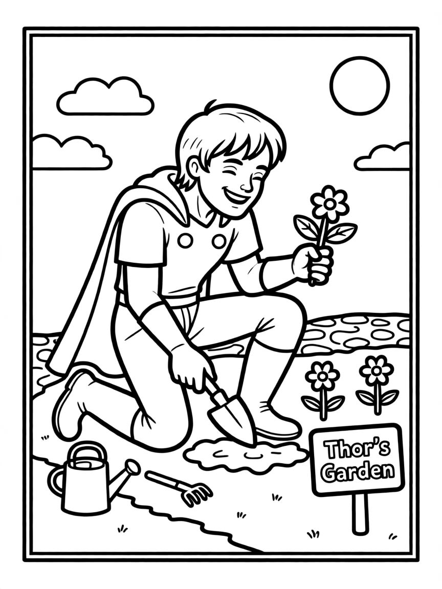 Thor gardening, inside a comic book frame.