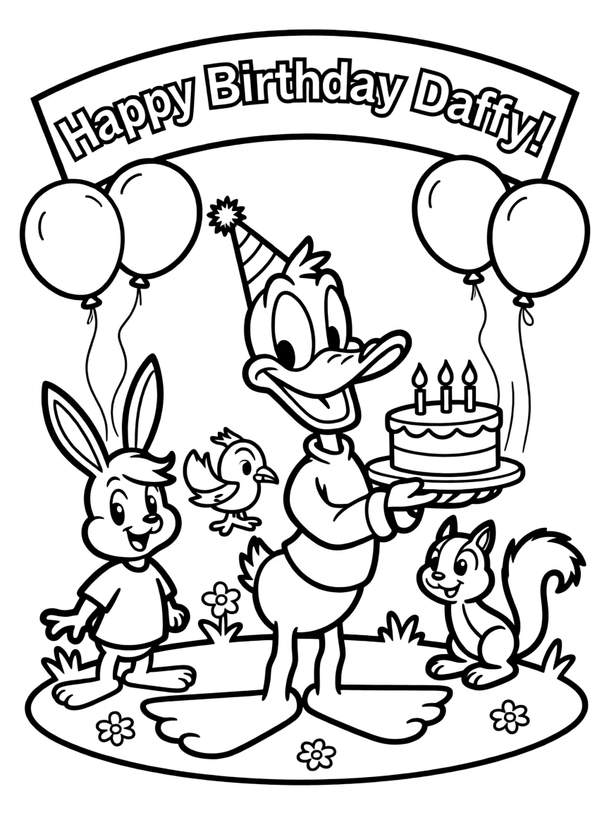 Daffy Duck celebrating a birthday, surrounded by friendly animals.