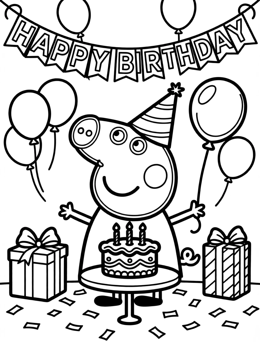 Peppa Pig celebrating a birthday, with big bold outlines for easy coloring.