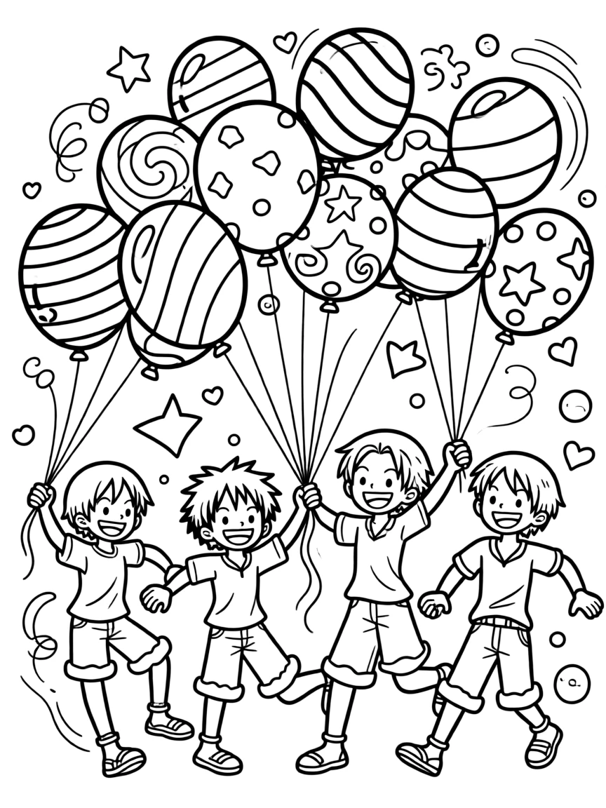 One Piece playing with balloons, with playful patterns around.