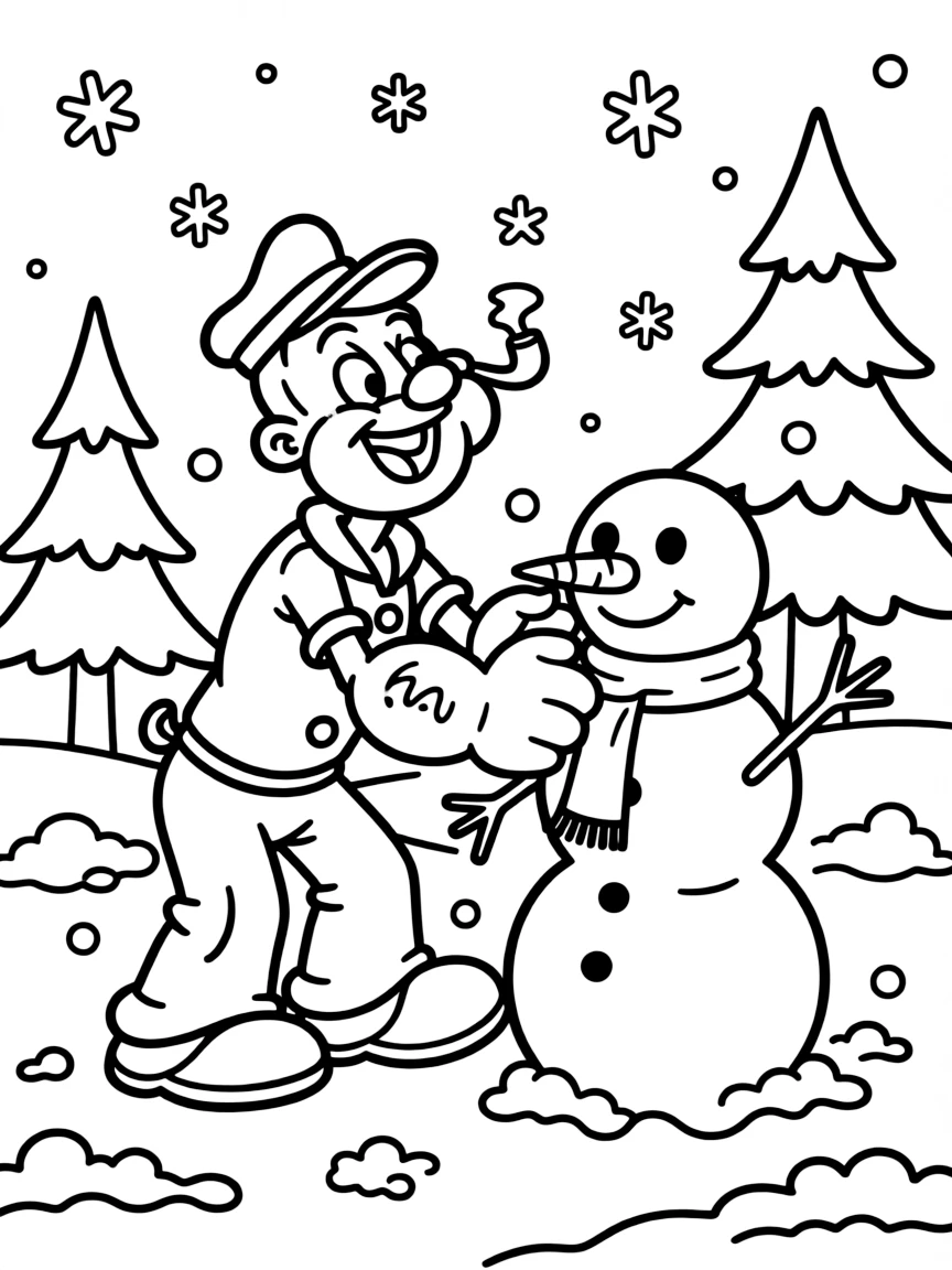 Popeye playing in the snow, with big bold outlines for easy coloring.