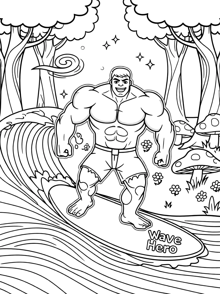 Hulk surfing on waves, in a magical forest setting.