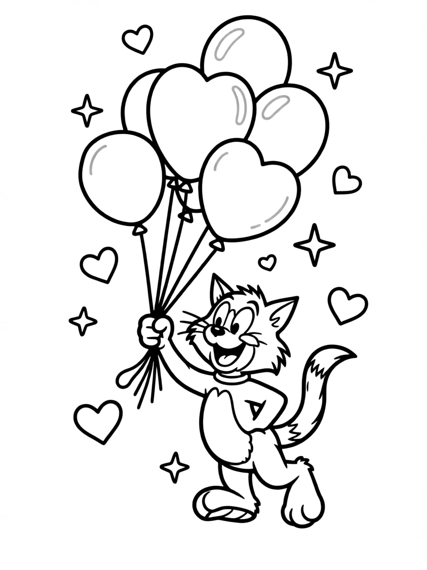 Sylvester flying with balloons, with hearts and sparkles around.