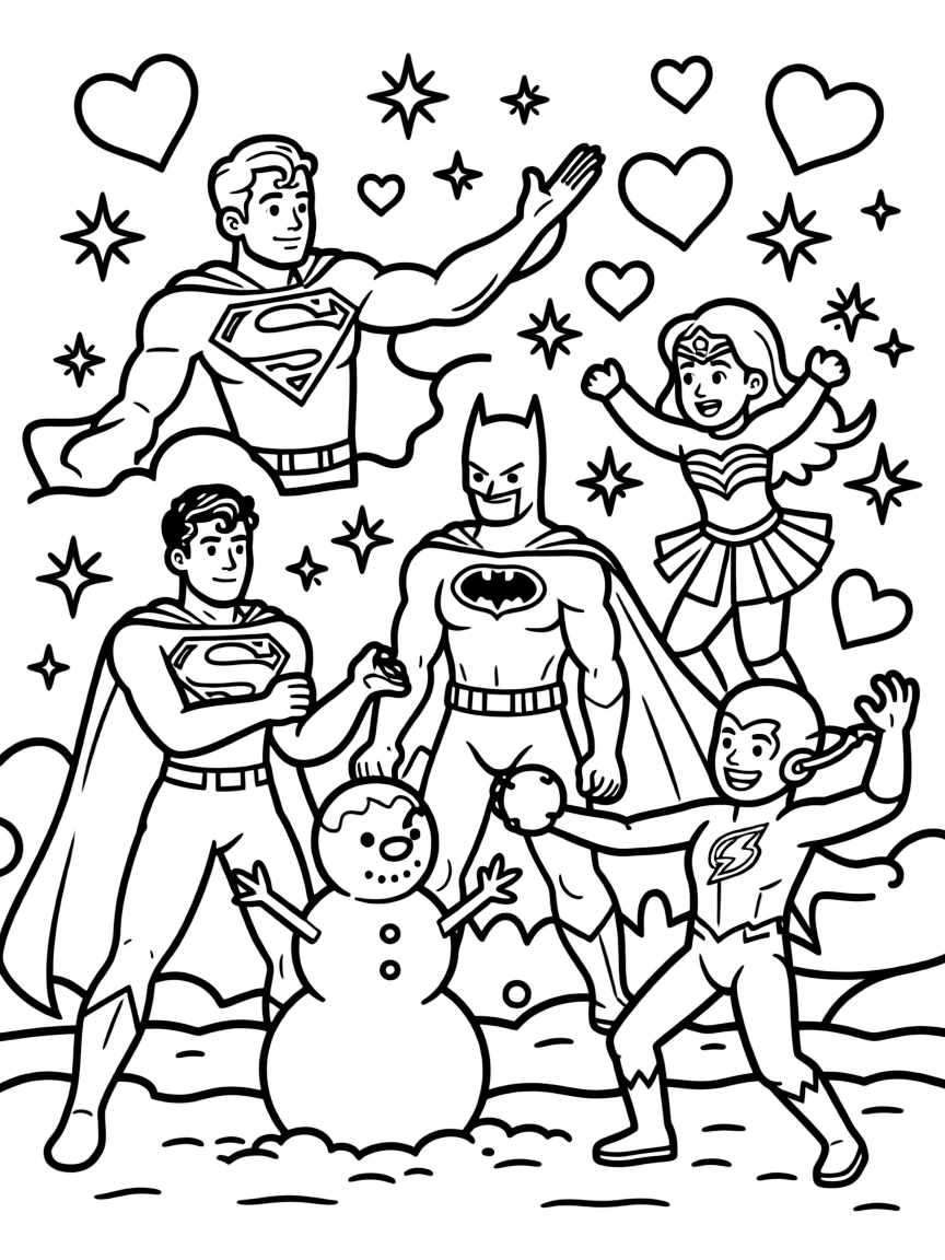 Justice League playing in the snow, with hearts and sparkles around.