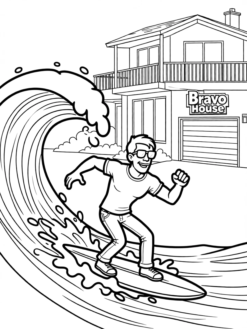 Johnny Bravo surfing on waves, in front of their famous house or scene.