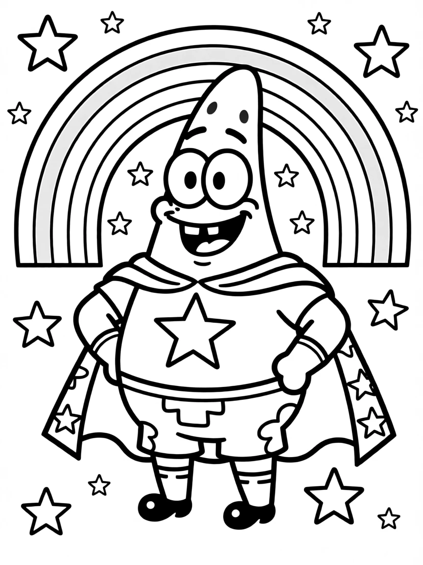 Patrick Star wearing a superhero costume, with stars and rainbows in the background.
