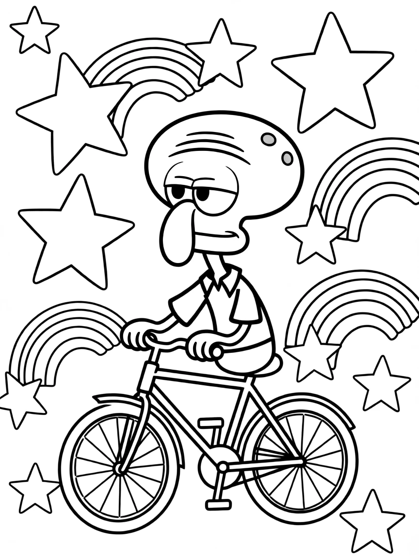Squidward Tentacles riding a bicycle, with stars and rainbows in the background.