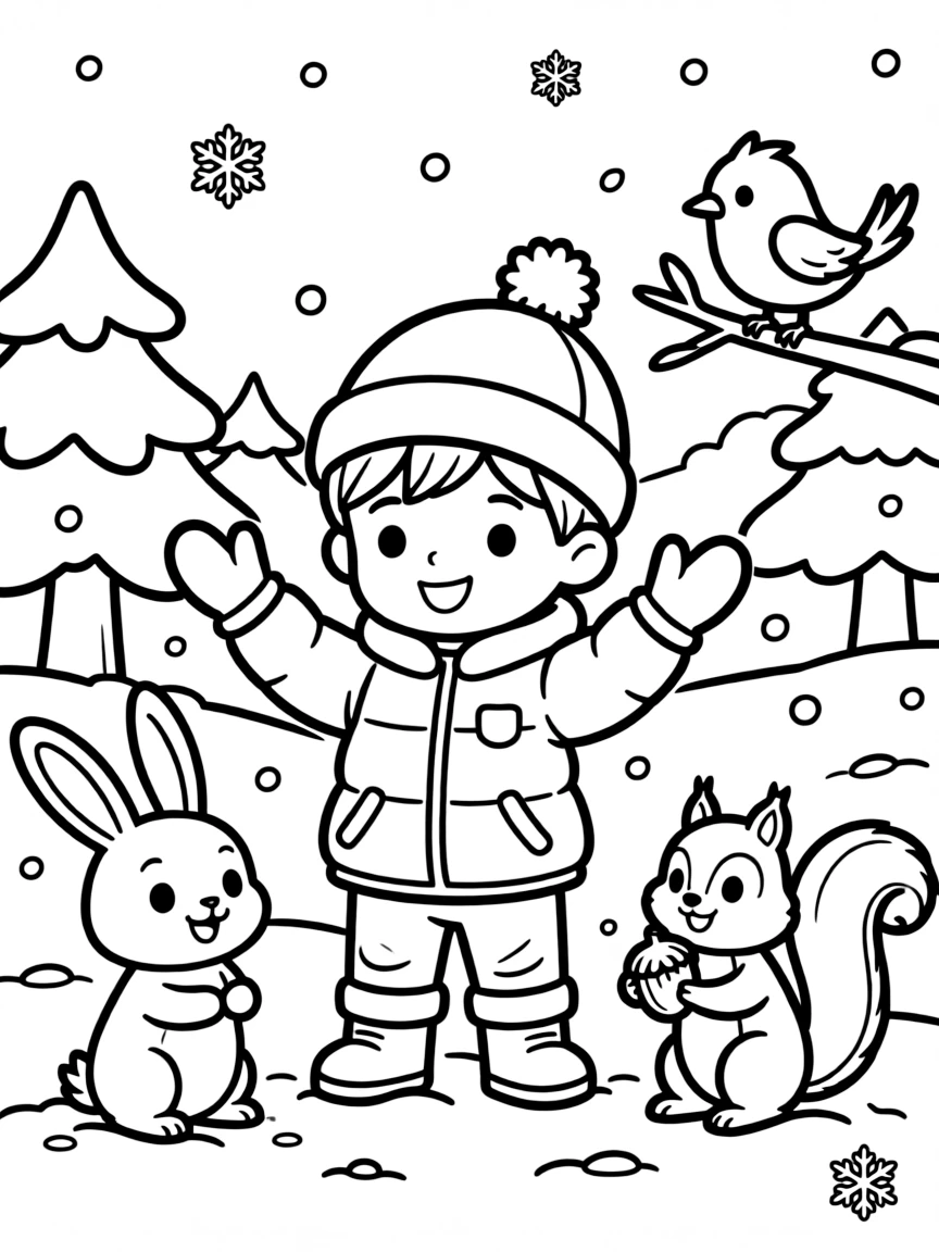 Cocomelon playing in the snow, surrounded by friendly animals.