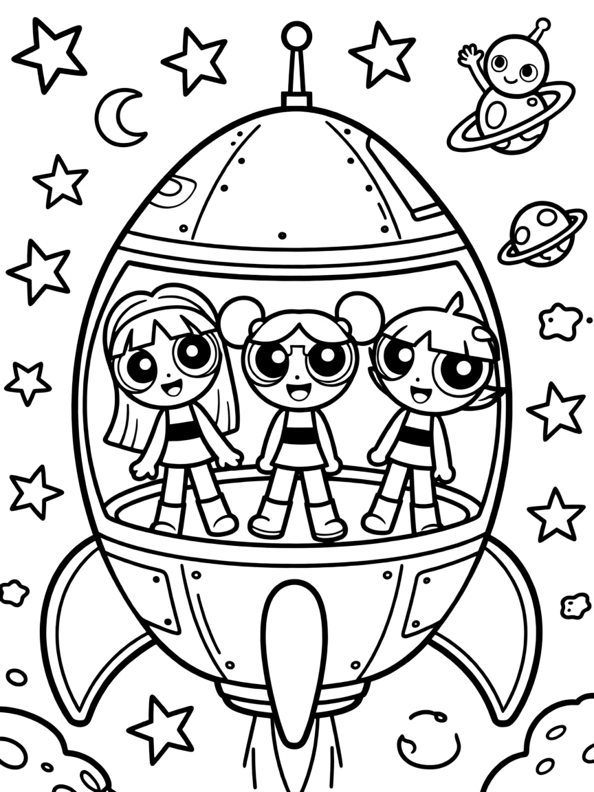 Powerpuff Girls exploring space in a rocket, with fun background elements.