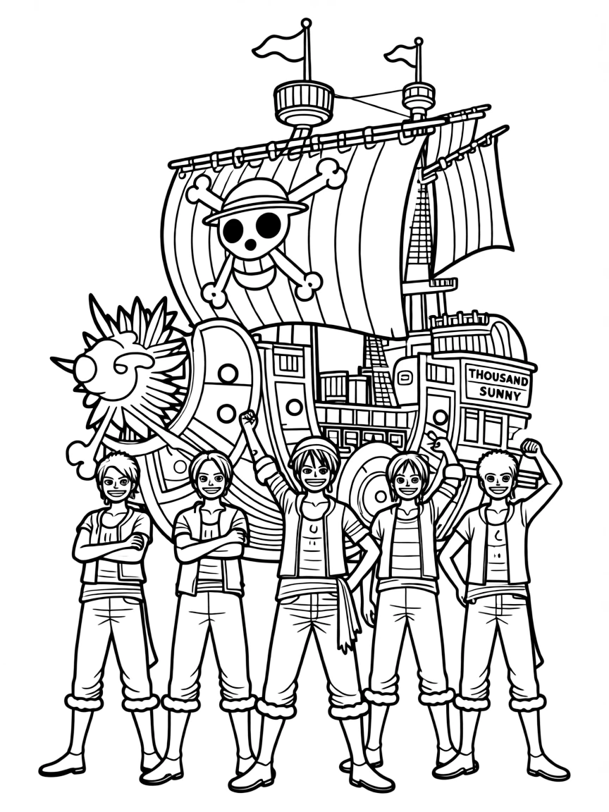 One Piece posing heroically, in front of their famous house or scene.