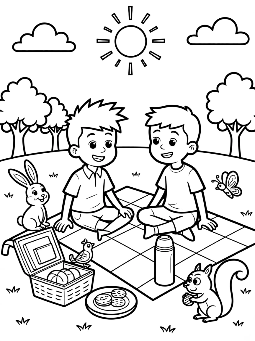 Phineas and Ferb having a picnic, surrounded by friendly animals.
