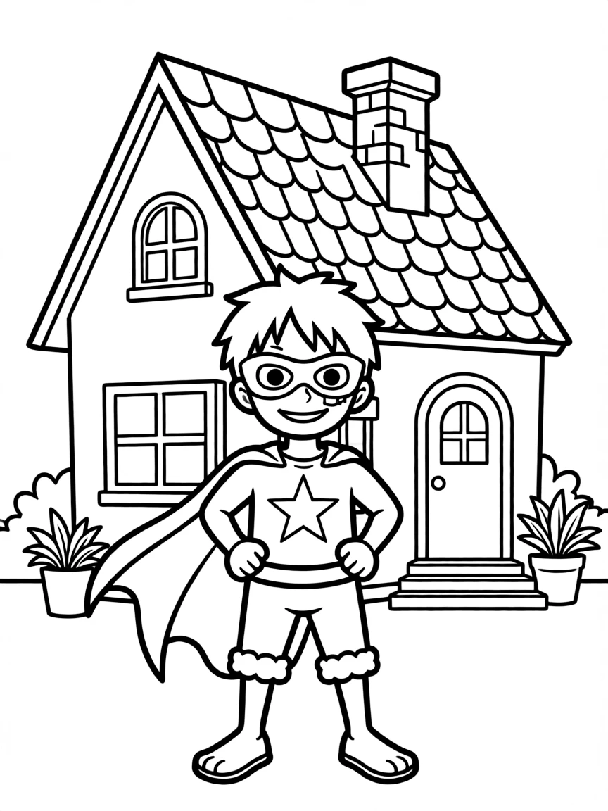 Luffy wearing a superhero costume, in front of their famous house or scene.