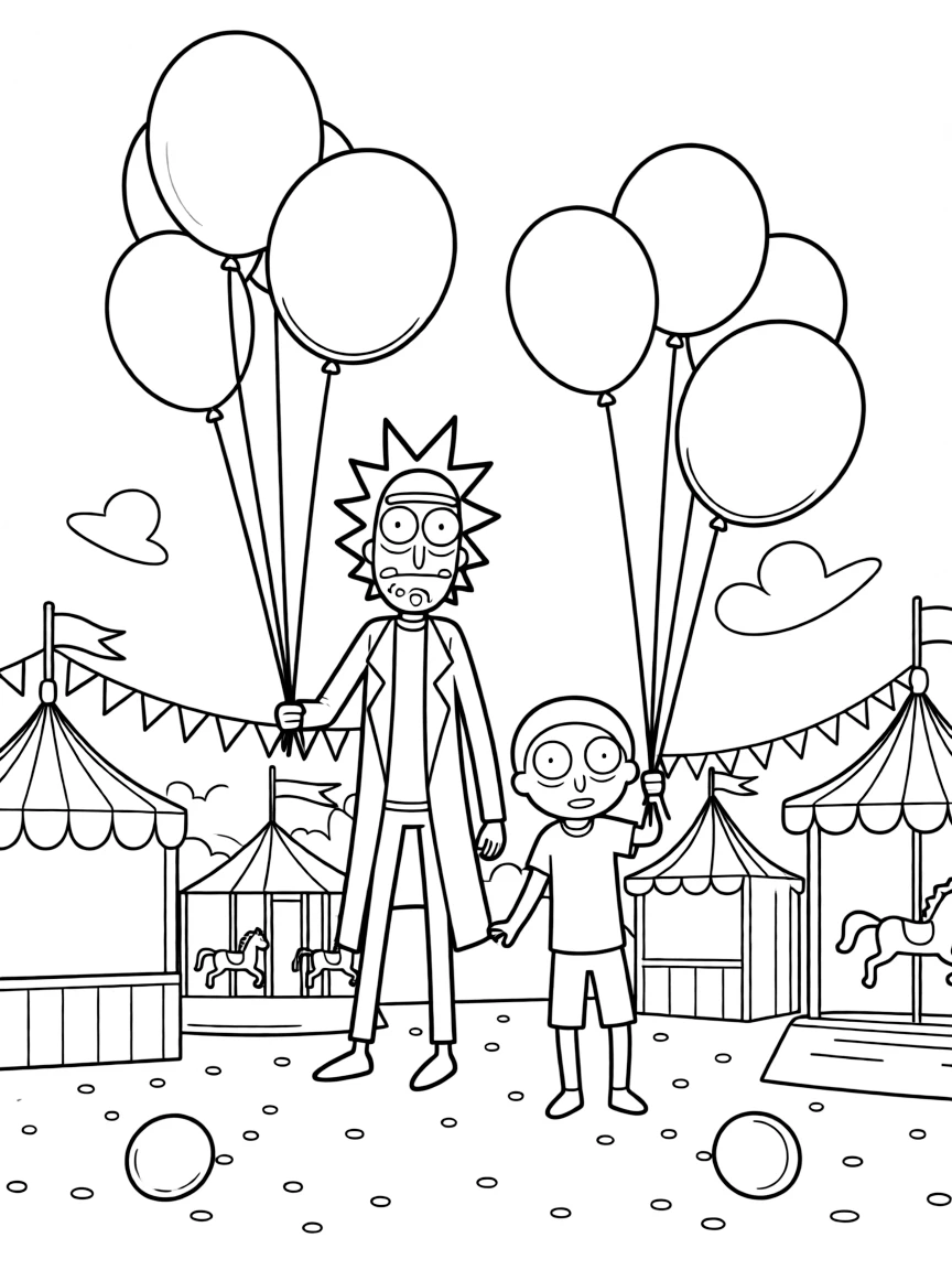 Rick and Morty flying with balloons, at a carnival with colorful decorations.