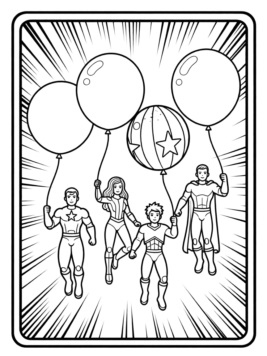 Avengers flying with balloons, inside a comic book frame.