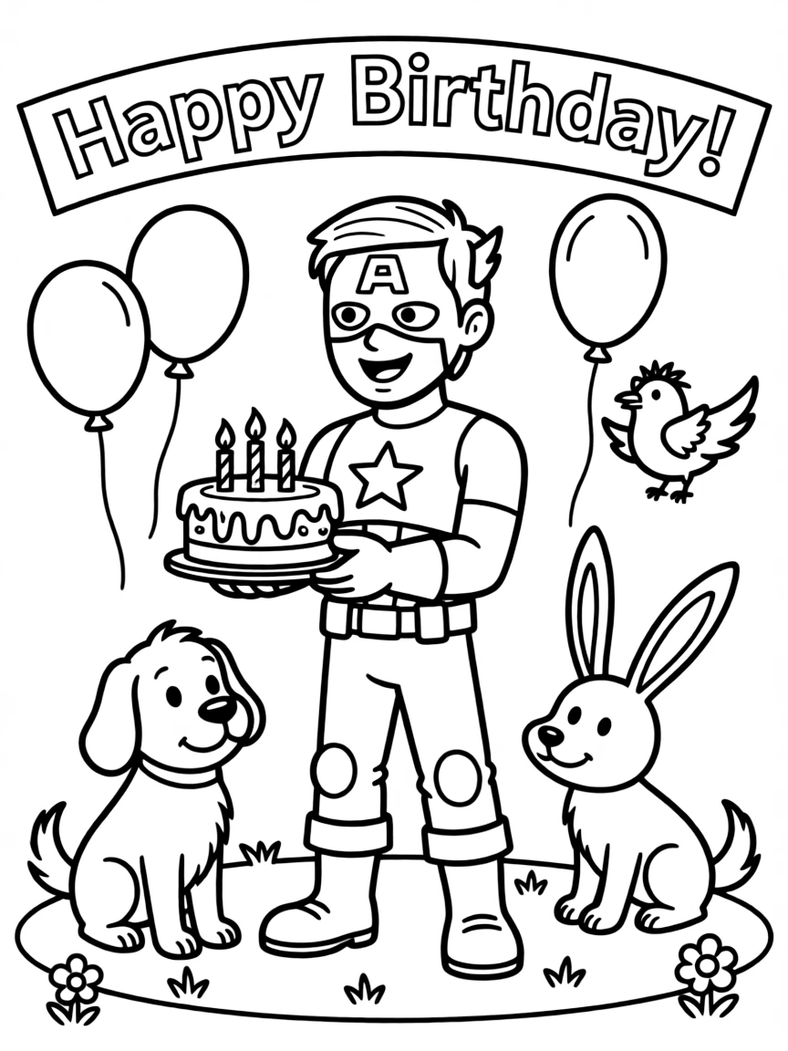 Captain America celebrating a birthday, surrounded by friendly animals.