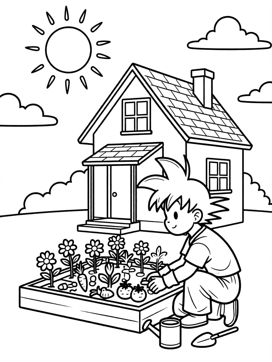 Goku gardening, in front of their famous house or scene.