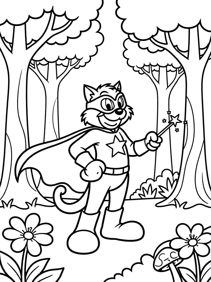 Sylvester wearing a superhero costume, in a magical forest setting.