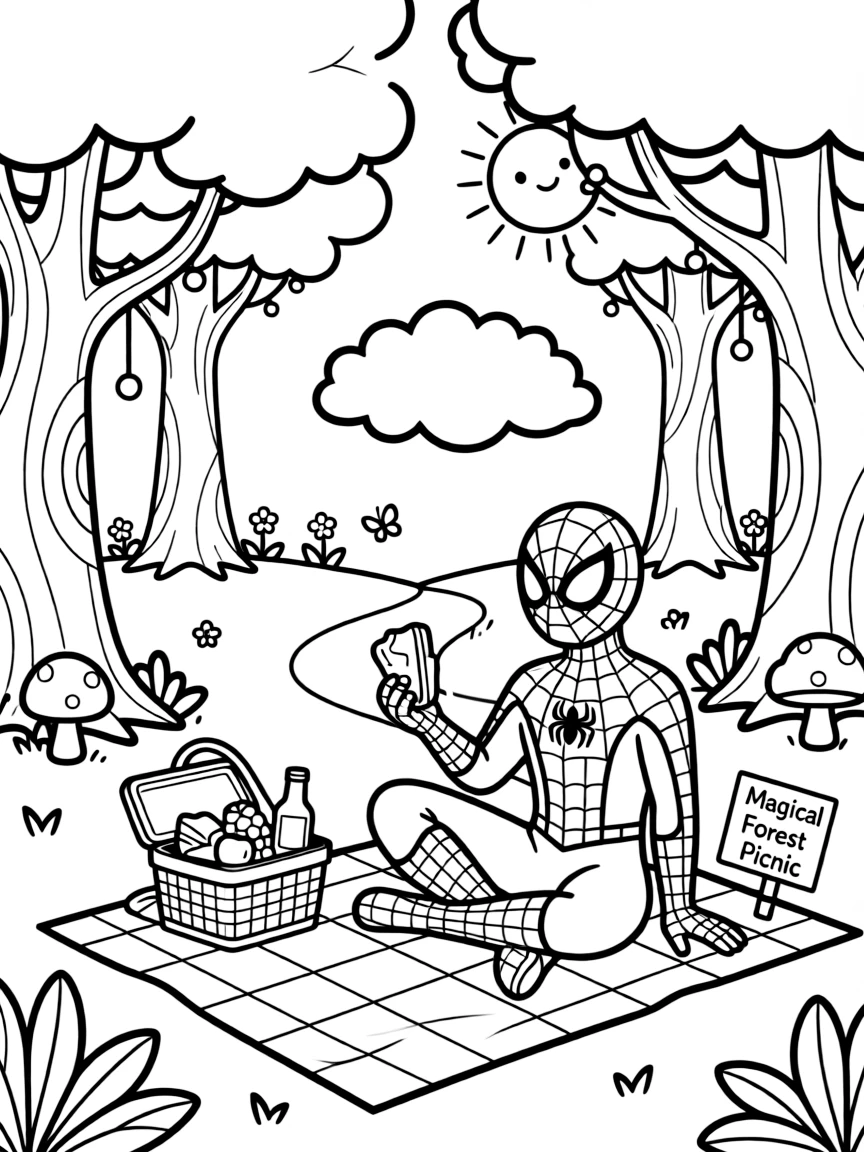 Spider-Man having a picnic, in a magical forest setting.