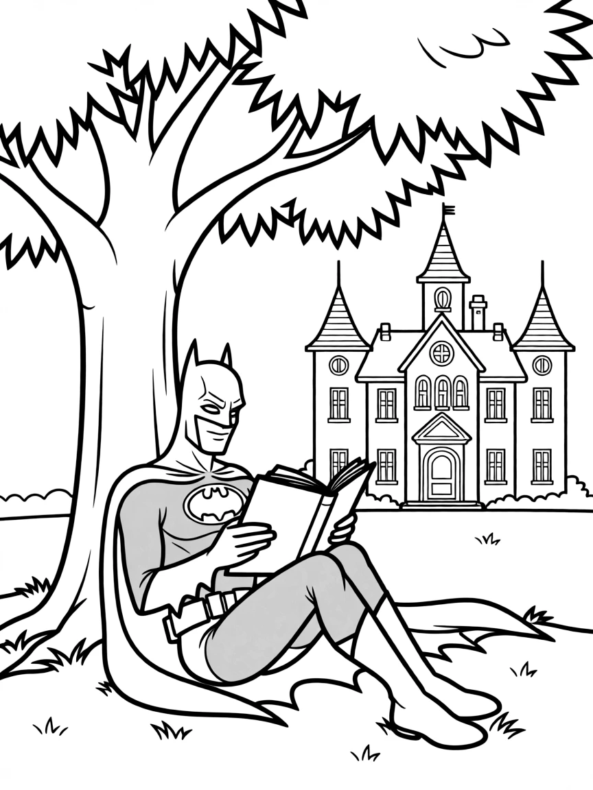 Batman: The Animated Series reading a book under a tree, in front of their famous house or scene.