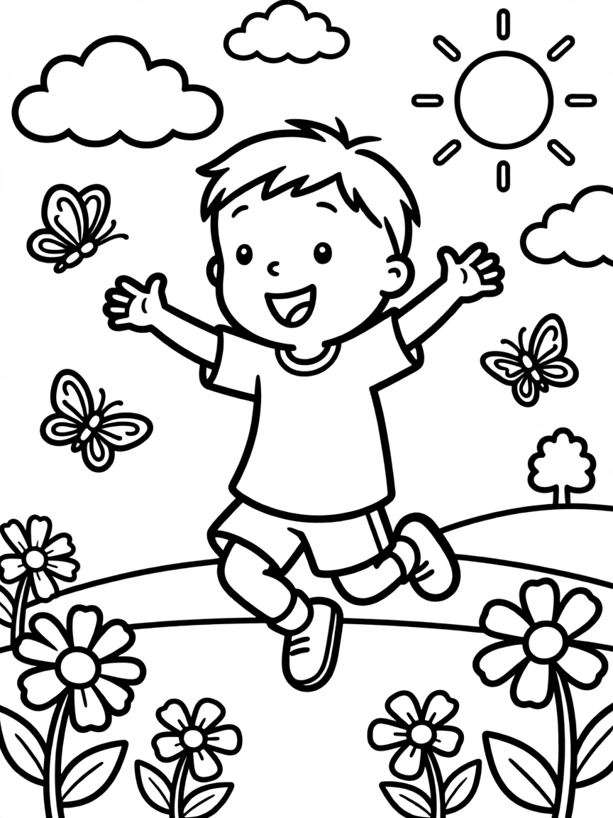 Caillou jumping with joy, with fun background elements.