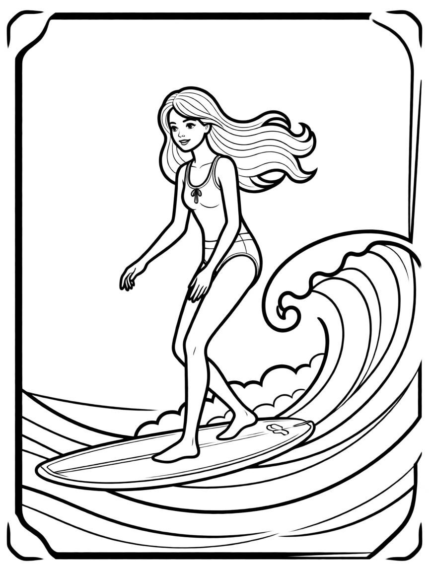 Barbie surfing on waves, inside a comic book frame.