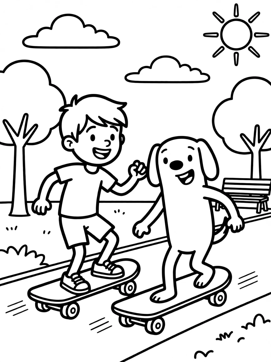Finn and Jake skateboarding in the park, with big bold outlines for easy coloring.