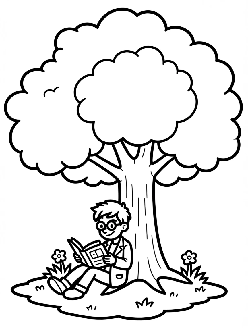 Dexter's Laboratory reading a book under a tree, with big bold outlines for easy coloring.