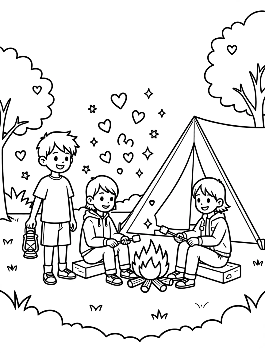 Piccolo camping with friends, with hearts and sparkles around.