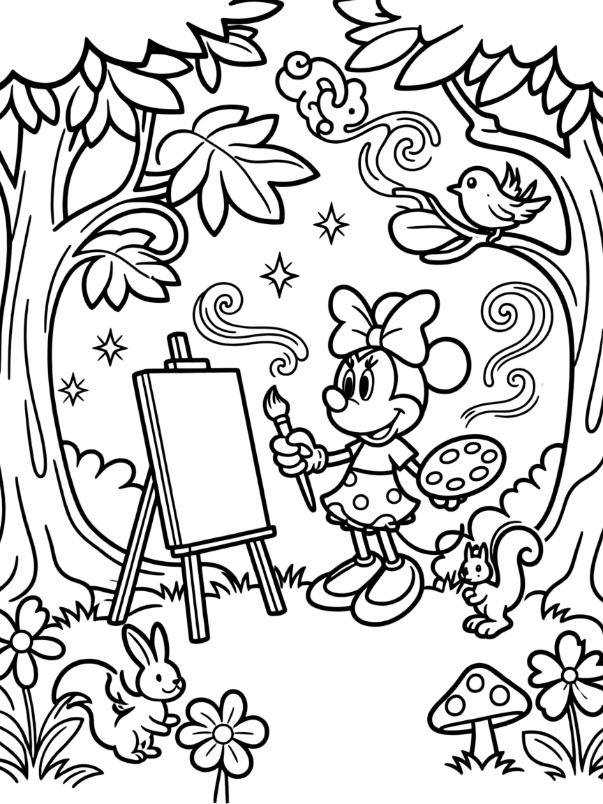 Minnie Mouse painting a picture, in a magical forest setting.