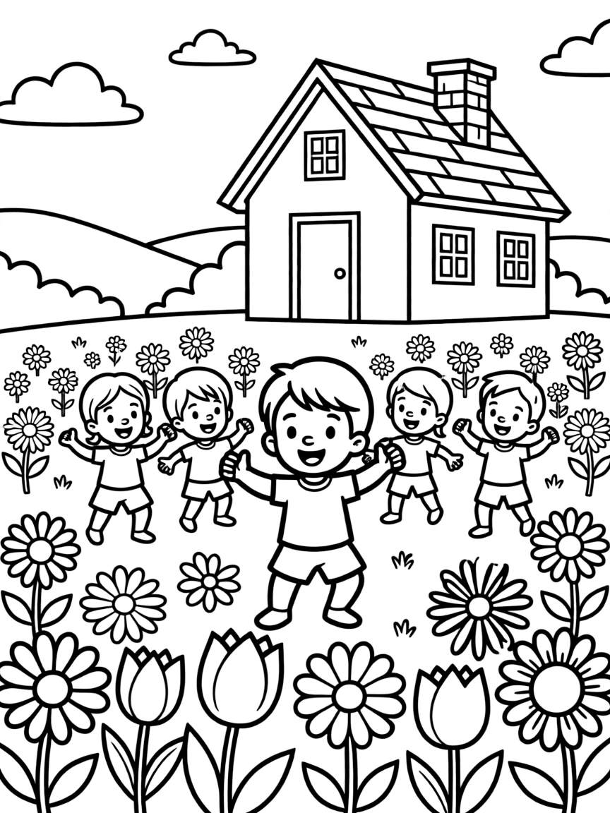 Cocomelon dancing in a field of flowers, in front of their famous house or scene.