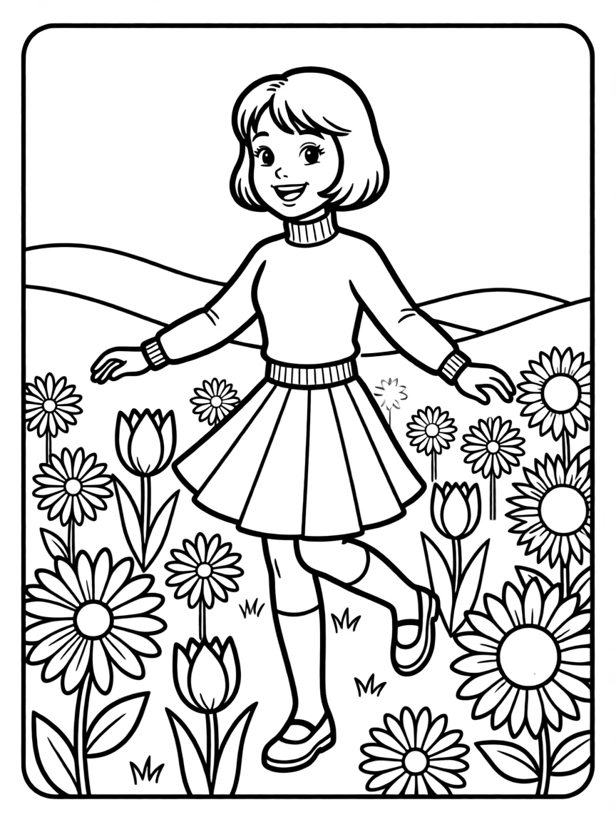 Velma dancing in a field of flowers, inside a comic book frame.