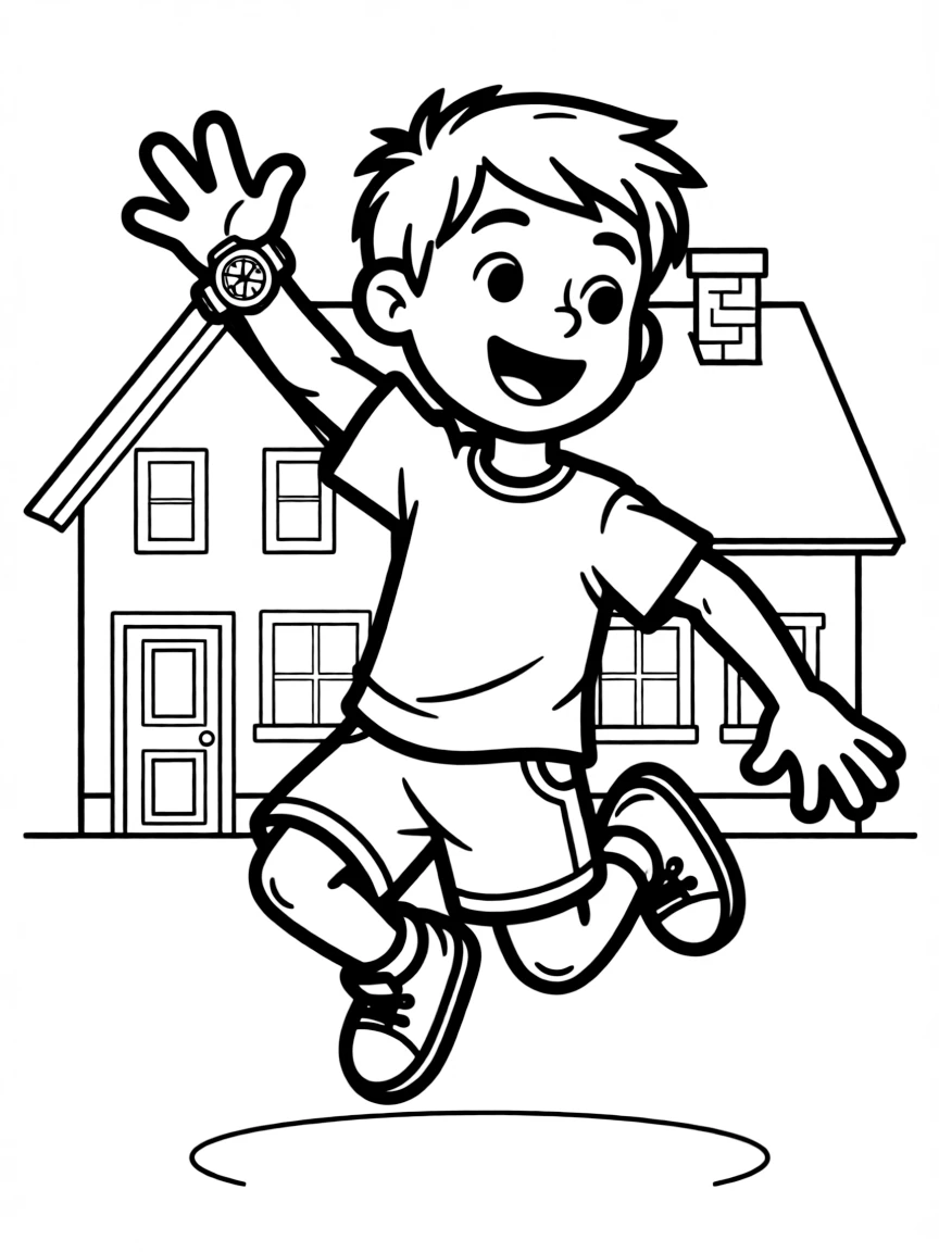 Ben 10 jumping with joy, in front of their famous house or scene.