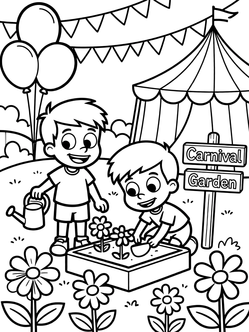 Fairly OddParents gardening, at a carnival with colorful decorations.